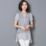 2016新款中长款拼接蕾丝棉麻衬衫女短袖大码女装韩版亚麻T恤上衣