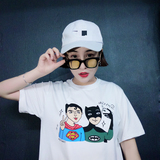 2016韩国ulzzang趣味恶搞蝙蝠侠超人自拍宽松风女短袖情侣T恤潮