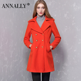 ANNALLY 2015冬装新款优雅气质修身大牌翻领毛呢外套中长款大衣女