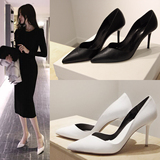 香港代购韩版白色尖头高跟鞋细跟性感浅口鞋黑色真皮女单鞋工作鞋