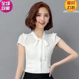 2016夏季新款 韩版系蝴蝶结短袖OL雪纺衬衫 大码打底衫