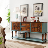 美式做旧玄关桌子蓝色靠墙边柜镂空雕花装饰桌欧式1.8米长柜特价