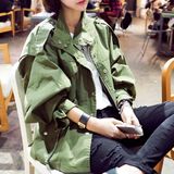 韩国代购2015春秋新款女装韩版修身显瘦长袖立领工装服风衣外套女