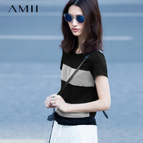 Amii短袖T恤2016夏装新款粗横黑白条纹半袖上衣潮女装体恤打底衫