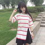 2016新款夏装韩版显瘦中袖宽松红白宽条纹开叉T恤女中长款上衣 女