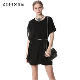 Zopin作品女装2015夏装新款拼接桑蚕丝连衣裙 时尚小黑裙宽松简约