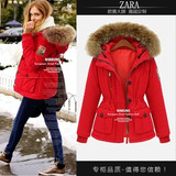 ZARA2014冬季新款女装毛领连帽加厚修身大衣中长款棉袄棉衣外套
