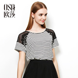 欧莎夏季新款女装上衣大码黑白条纹宽松拼接短袖T恤女夏ST515005