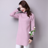 2015冬季新款韩版女装中长款针织套头衫领口蕾丝下摆开叉纯色毛衣