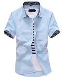 男士短袖衬衫2016夏装新款韩版潮流碎花拼接修身休闲白色半袖衬衣