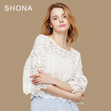 肖中王2016夏季欧美风宽松镂空蕾丝衫两件套白色罩衫短款上衣中袖