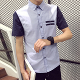 韩版修身男士小领短袖衬衫男装拼色衬衣夏季半袖学院风外衣寸衫潮