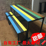 美式复古铁艺实木餐桌椅组合大板长条餐桌长方形饭桌电脑桌彩条桌