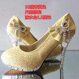 水晶鞋婚鞋婚纱照结婚中跟高跟鞋镶钻女鞋圆头单鞋蝴蝶结金黄7cm