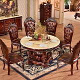 欧式现代大理石圆形餐桌椅组合小户型家用实橡木雕花带转盘饭桌台