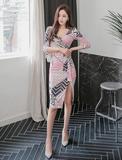 韩国代购2016春款3.28超美粉色几何系带侧开叉包臀修身连衣裙