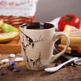 复古艺术陶瓷杯子手绘中国风马克杯特色陶瓷咖啡杯牛奶杯配勺包邮
