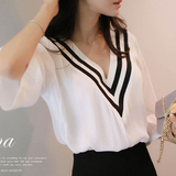 2016夏装新款韩版纯色V领七分袖白色雪纺衬衫女大码韩范宽松衬衣