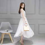 夏季新款韩版不规则白色无袖连衣裙女装雪纺仙女长裙中长款小清新