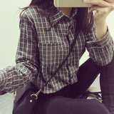 韩国女装秋季新款大码开衫原宿风格子翻领小清新纯棉长袖衬衫衬衣