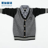 韩版学院风童装外套 春秋装男童毛衣儿童衬衫领假两件套头扣子衫