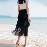 2016夏装新款女韩版高腰蕾丝蛋糕裙修身中长款网纱半身裙A字伞裙