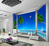 简约现代地中海3D立体空间海景大型壁画客厅沙发背景墙壁纸无缝
