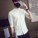 35y夏季新品韩版休闲衬衣男士修身免烫七分袖衬衣青少年纯色衬衫