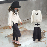 2015冬新款韩版女童装休闲时尚宽松九分裤加绒套装长袖卫衣两件套