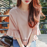 韩国代购 Cherrykoko正品 新款女装 圆领七分袖纯色衬衫