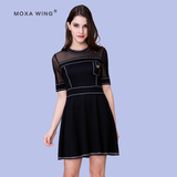 MOXA WING女装2016夏季新款镂空网纱连衣裙 女黑色短袖显瘦小黑裙