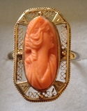西洋古董 首饰 10K黄金珊瑚Coral浮雕Cameo 戒指13号有金印