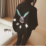 2016春装新品韩国时尚单排扣字母卡通印花蝙蝠袖短款外套女上衣潮