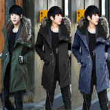 冬季修身韩版风衣男中长款加厚加绒毛领连帽大衣外套英伦潮流学生
