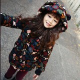【萨莎】女童冬款棉衣外套儿童中长款印花带帽羊糕绒加厚棉袄大童