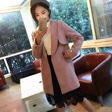 2015韩版秋冬女装新款中长款长版藕粉色夹棉加厚羊绒毛呢外套大衣