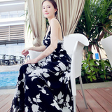 刘钰懿同款夏季海边度假裙深V领性感吊带连衣裙黑白花长裙沙滩裙