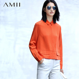 Amii2016春装新款女装简约纯色衬衣女大码暗襟丝质修身长袖衬衫女