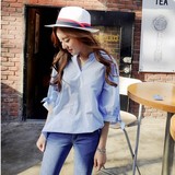 2016韩版春装新款蓝色条纹衬衫女长袖立领百搭休闲女式衬衣上衣潮