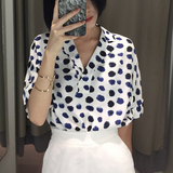 韩国chic风蓝色波点短袖雪纺衫衬衫宽松显瘦睡衣领衬衣女