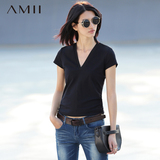 Amii[极简主义]2016休闲短袖V领T恤女雪纺纯色修身大码打底衫