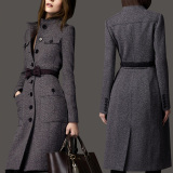2015秋冬新款欧美风衣女式外套修身中长款毛呢外套大码