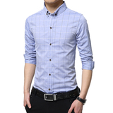 春夏男士时尚格子衬衫男长袖薄款韩版青年修身型纯棉商务正装衣服