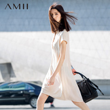Amii艾米女装2016夏季新款裙子翻领半开襟短袖压褶宽松大码连衣裙