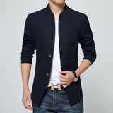 2015秋季韩版中长款立领单排扣呢大衣男士中山装呢外套
