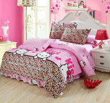 全棉斜纹印花床罩式四件套 纯棉儿童卡通单人1.2米粉色豹纹凯特猫