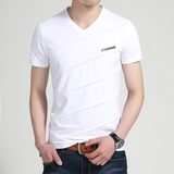 2016夏季白色男士短袖t恤纯棉个性纯色v领韩版修身衣服半袖上衣潮