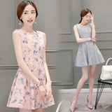 夏季新款女装 圆领无袖甜美时尚韩版高腰套头3D印花A型 连衣裙