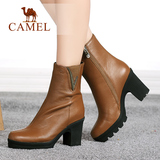 camel骆驼女靴 中筒靴 潮流骑士靴粗跟冬季新品 牛皮防水台女靴