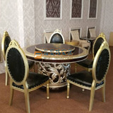 热卖新古典餐桌椅组合欧式后现代家具圆桌子实木雕花黑色餐桌转盘